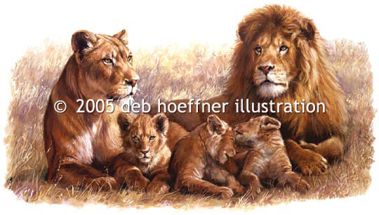 stock image of Family Pride of Lions, cubs, lioness in Africa on plain