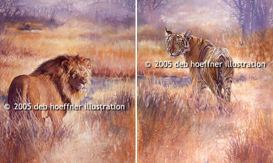 Lion & Tiger in grasses