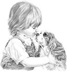 Young girl kisses and hugs dog illustration