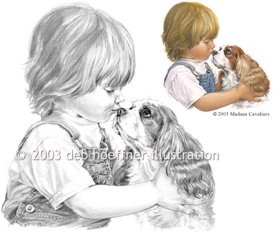 The Kiss (Il Bacio) Cavalier King Charles Spaniels portrait painting illustration