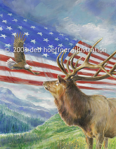 American flag, elk painting, Rocky Mountains