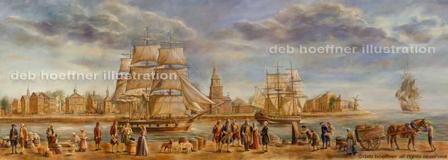 America's Founding Fathers in historical Philadelphia harbor