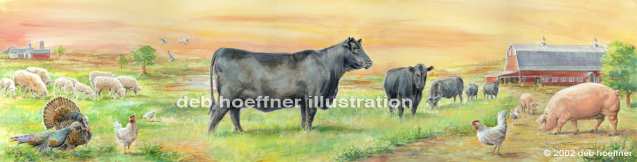 black angus cow and farm animals mural for store display