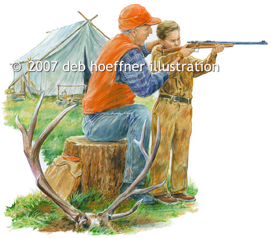 colorful and painterly, portraits of people, logo illustration, hunting legacy, grandfather and son