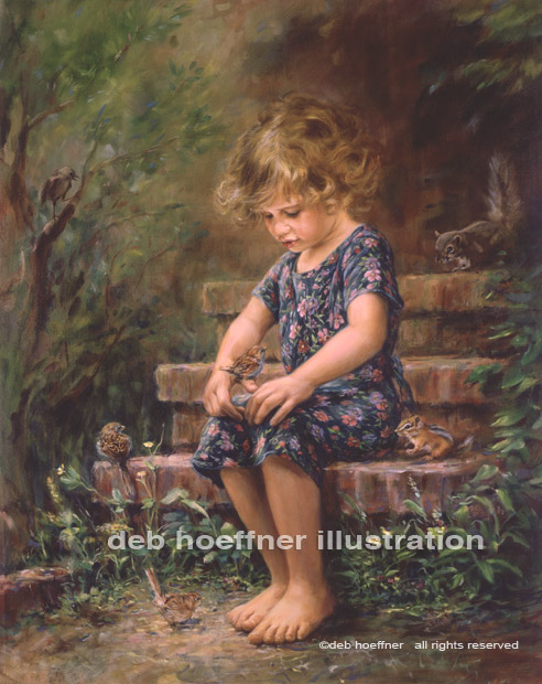 Beautiful oil portrait of child with animals