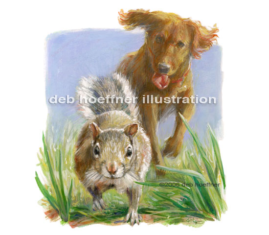 Dog chasing squirrel illustration for book Dog's Guide to Life
