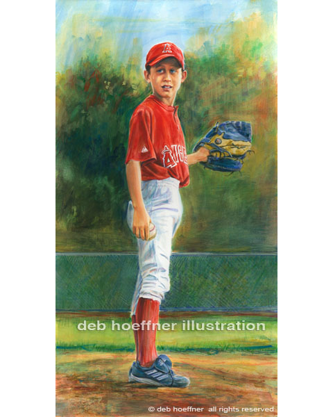 watercolor children's  portraits  little league pitcher