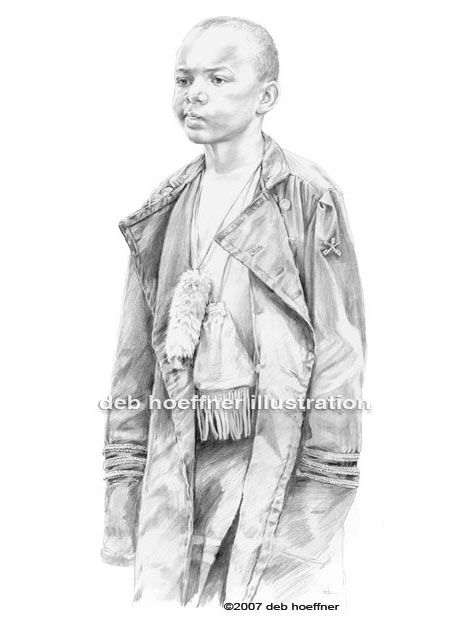 drawing of native american child at powwow in full regalia