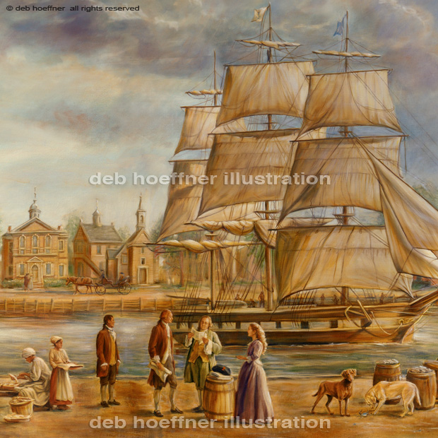 Ben Franklin and Thomas Jefferson in Philadelphia Harbor painting