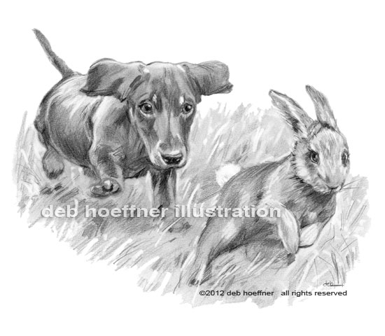 realistic black and white illustration puppy chasing