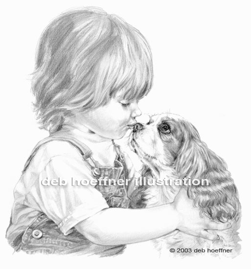 child and puppy realistic black and white illustrations
