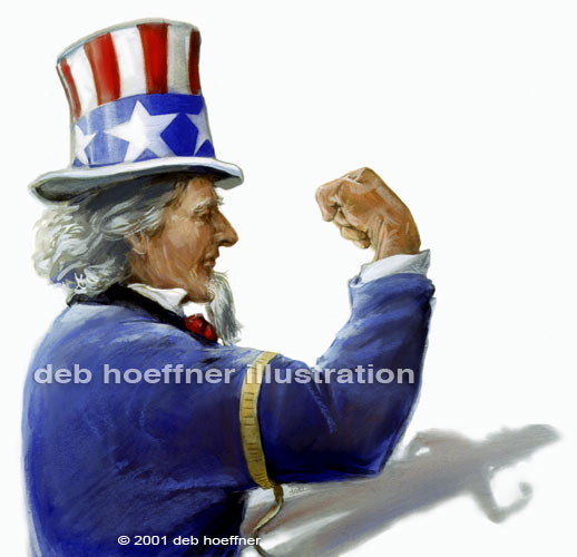 Uncle Sam Muscle editorial illustration about strength of American Economy for New York Times illustrated by deb hoeffner