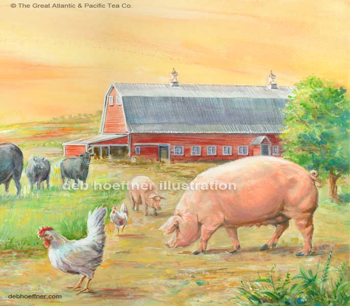 pigs and chickens on farm illustration