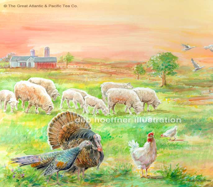 grocery store meat mural illustration chickens, lambs and turkeys